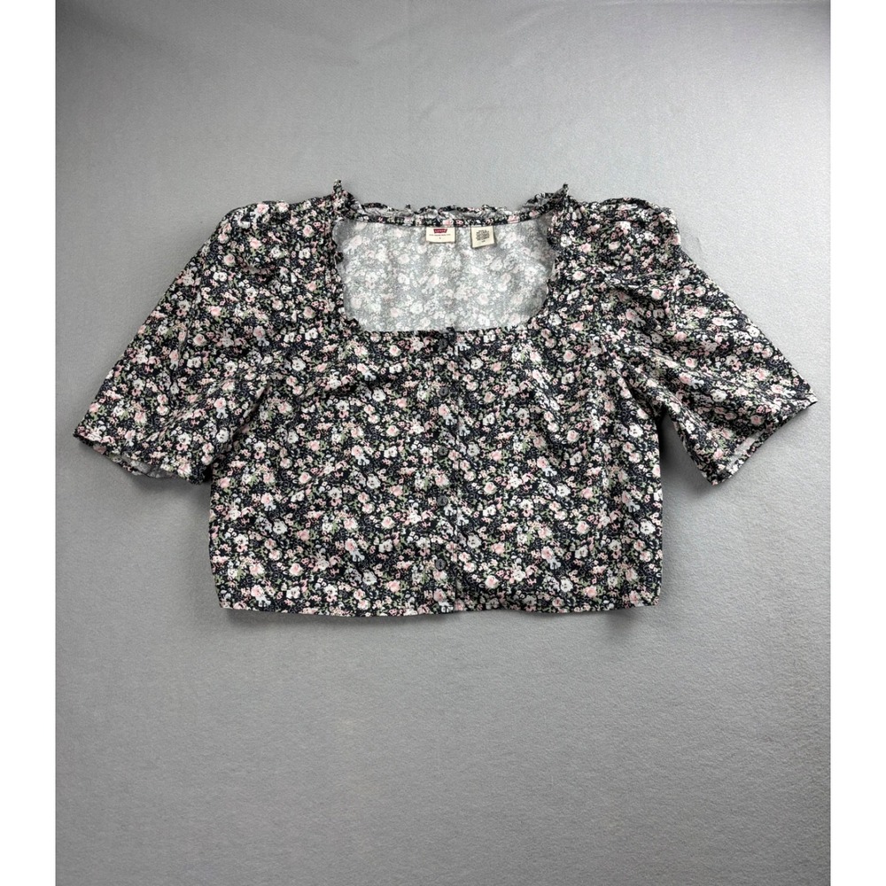 Levi's Floral Puff Short Sleeve Cropped Top Large Square Neck Button Front